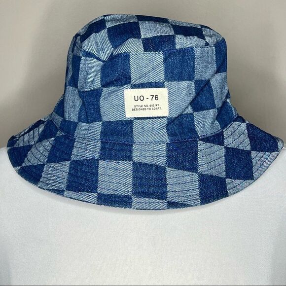 URBAN Outfitters Damier Pattern Checkered Blue Canvas Denim Bucket Hat - Picture 5 of 6